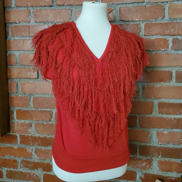 Vintage 80s Red Long Fringe Top V Neck T Shirts Me - Picture 2 of 7